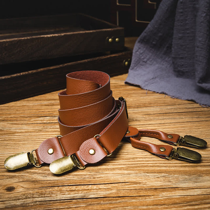 Bretelles en cuir élastiques réglables de style rétro marron