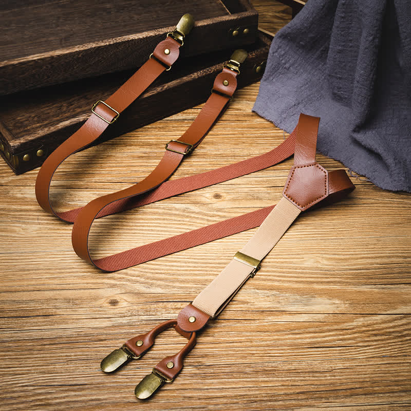 Bretelles en cuir élastiques réglables de style rétro marron