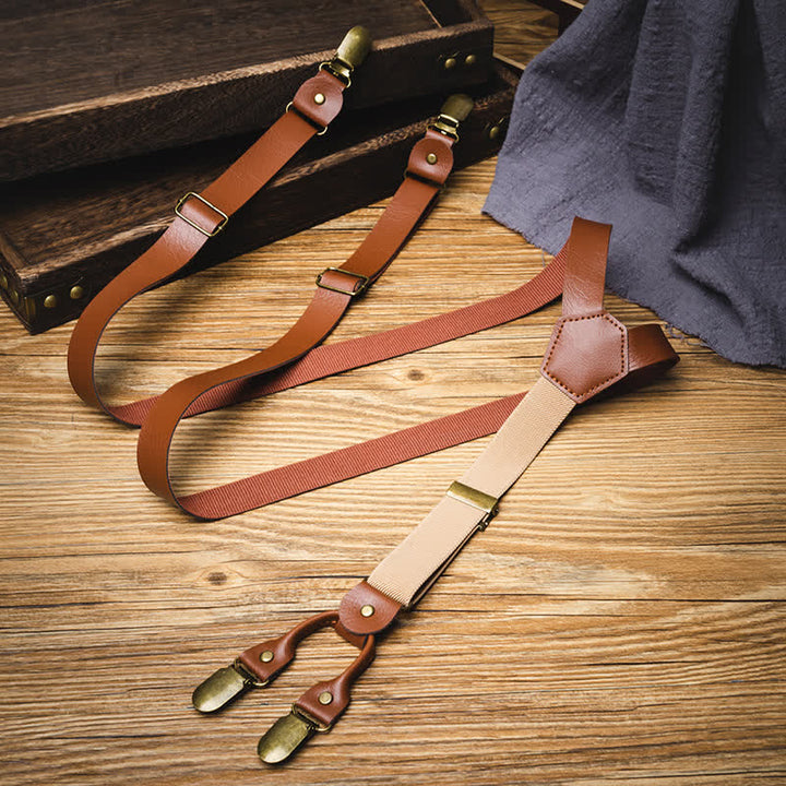 Bretelles en cuir élastiques réglables de style rétro marron