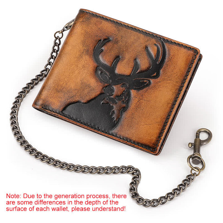 Portefeuille en cuir de couleur bruni à la main avec motif cerf en relief et chaîne