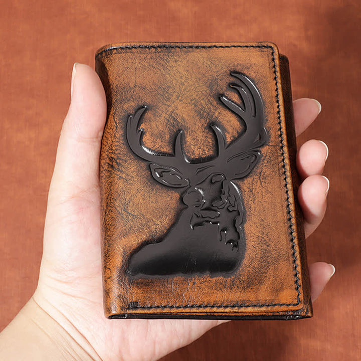 Portefeuille en cuir de couleur bruni à la main avec motif cerf en relief et chaîne