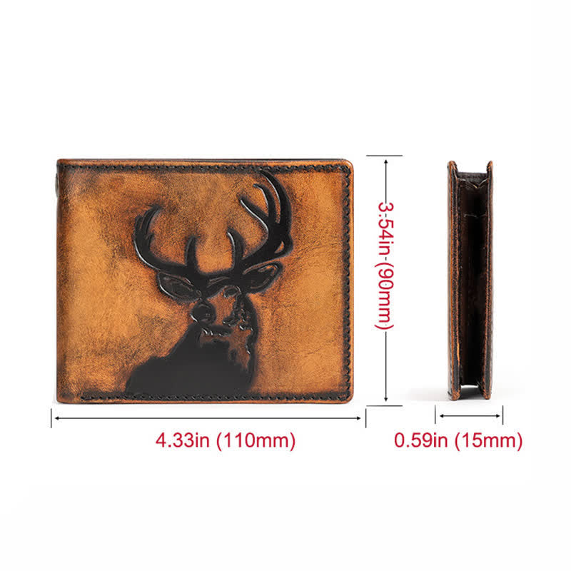 Portefeuille en cuir de couleur bruni à la main avec motif cerf en relief et chaîne