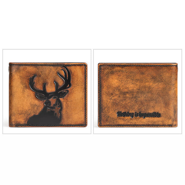 Portefeuille en cuir de couleur bruni à la main avec motif cerf en relief et chaîne