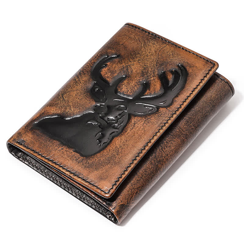 Portefeuille en cuir de couleur bruni à la main avec motif cerf en relief et chaîne