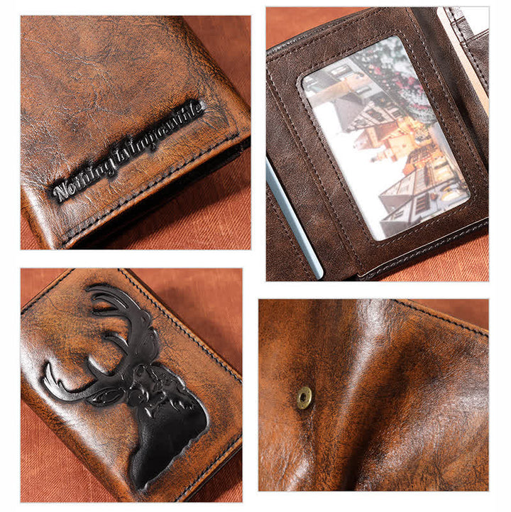 Portefeuille en cuir de couleur bruni à la main avec motif cerf en relief et chaîne