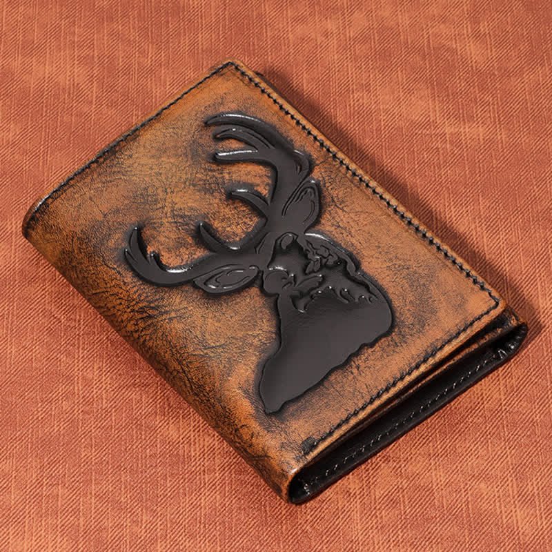 Portefeuille en cuir de couleur bruni à la main avec motif cerf en relief et chaîne