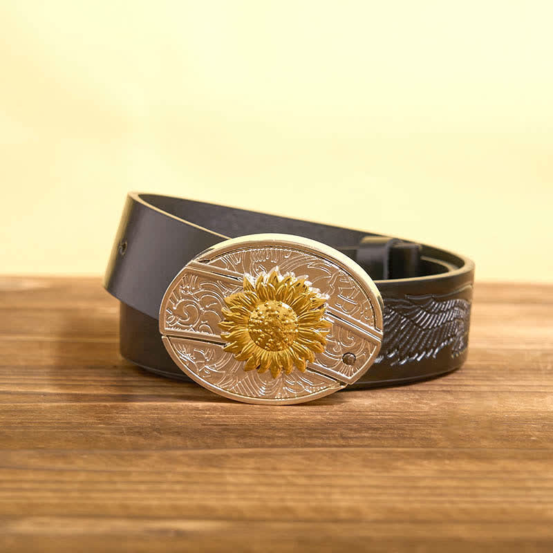Ceinture en cuir pour homme avec couteau pliant caché tournesol doré et argenté - Tournesol - Ceinture noire avec aigle en relief - 42 - image 4