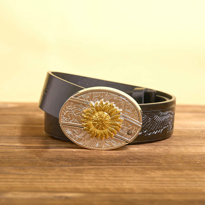 Ceinture en cuir pour homme avec couteau pliant caché tournesol doré et argenté - Tournesol - Ceinture noire avec aigle en relief - 42 - image 4