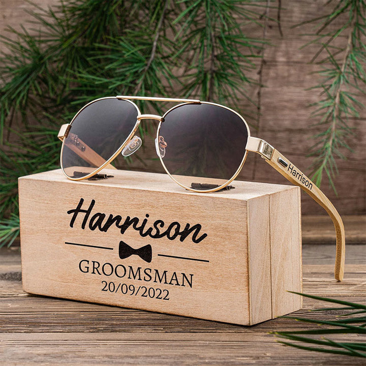 Étui en bois avec nom personnalisé pour lunettes de soleil d'extérieur