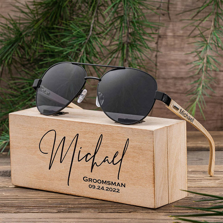 Étui en bois avec nom personnalisé pour lunettes de soleil d'extérieur
