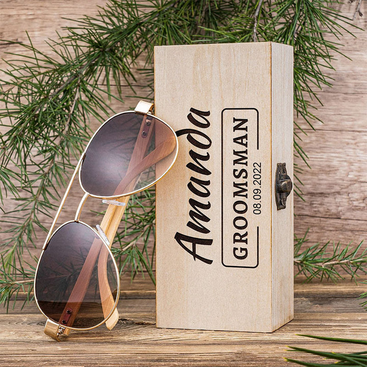 Étui en bois avec nom personnalisé pour lunettes de soleil d'extérieur