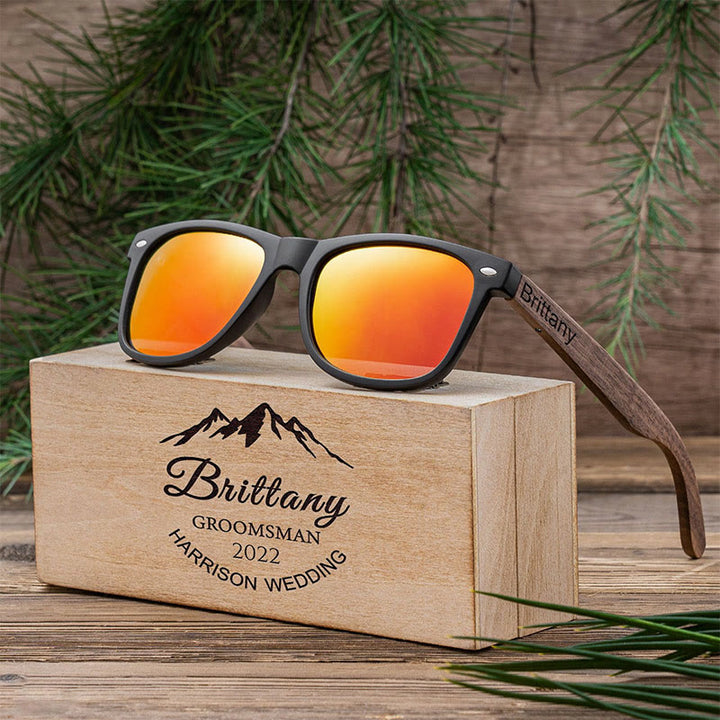 Étui en bois avec nom personnalisé pour lunettes de soleil miroir