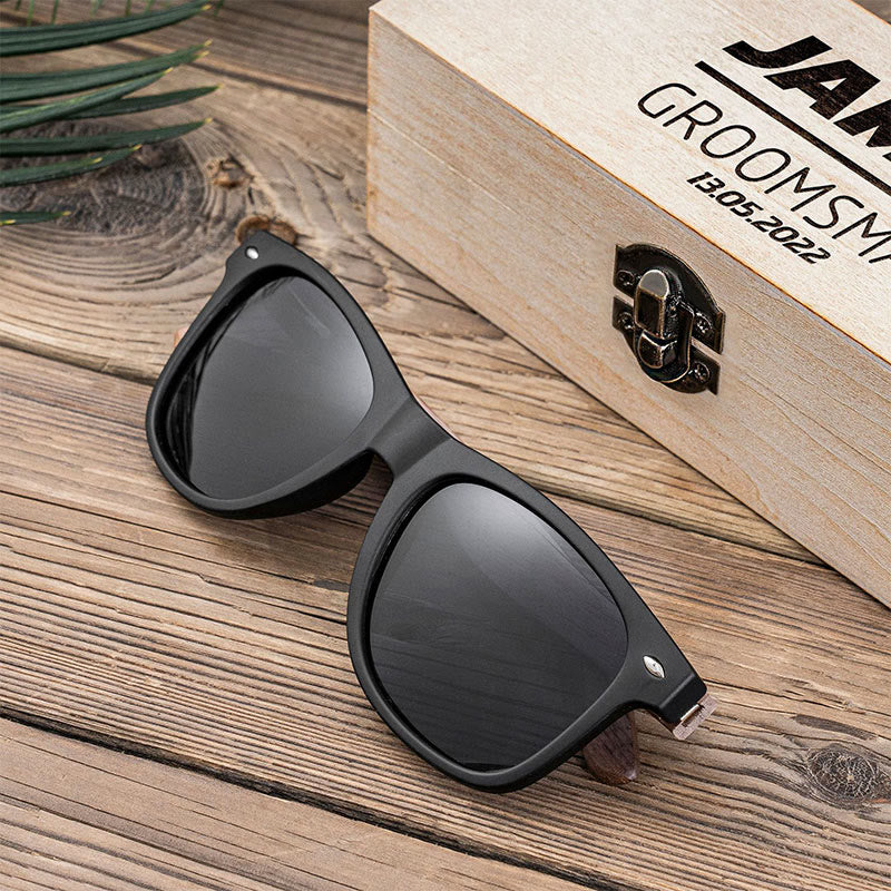 Étui en bois avec nom personnalisé pour lunettes de soleil miroir