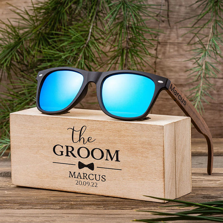 Étui en bois avec nom personnalisé pour lunettes de soleil miroir