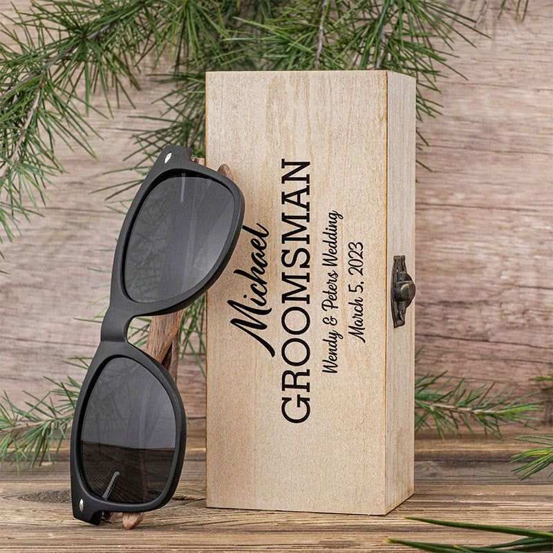 Étui en bois avec nom personnalisé pour lunettes de soleil miroir