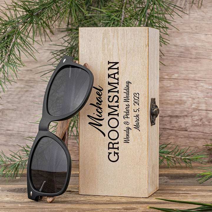 Étui en bois avec nom personnalisé pour lunettes de soleil miroir