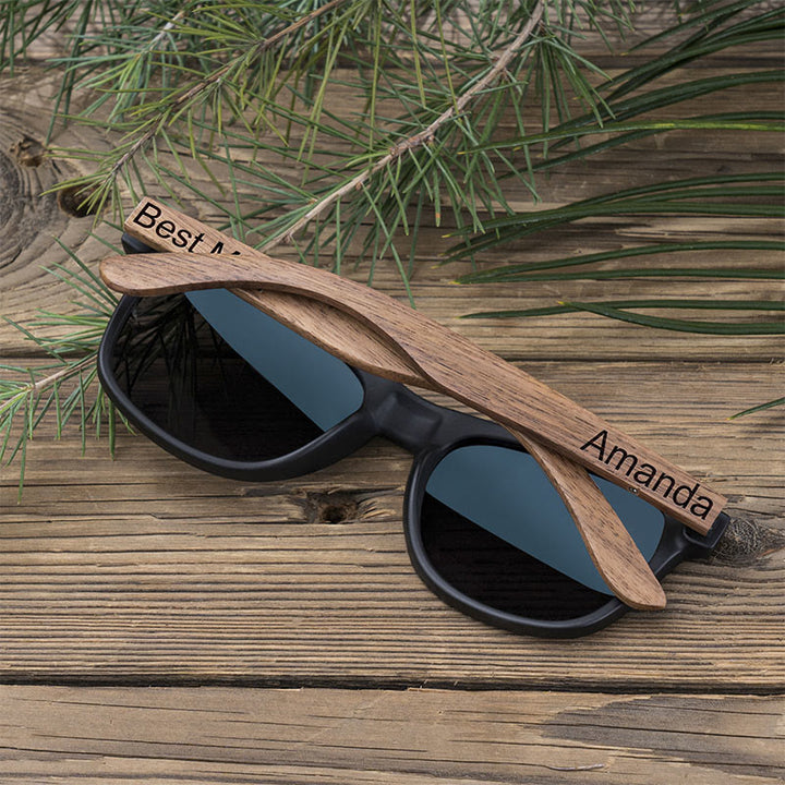 Étui en bois avec nom personnalisé pour lunettes de soleil miroir