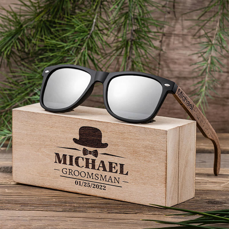 Étui en bois avec nom personnalisé pour lunettes de soleil miroir