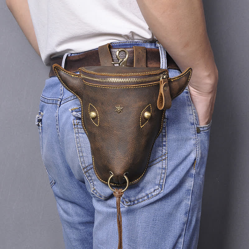 Sac ceinture en cuir véritable Crazy Horse avec tête de vache