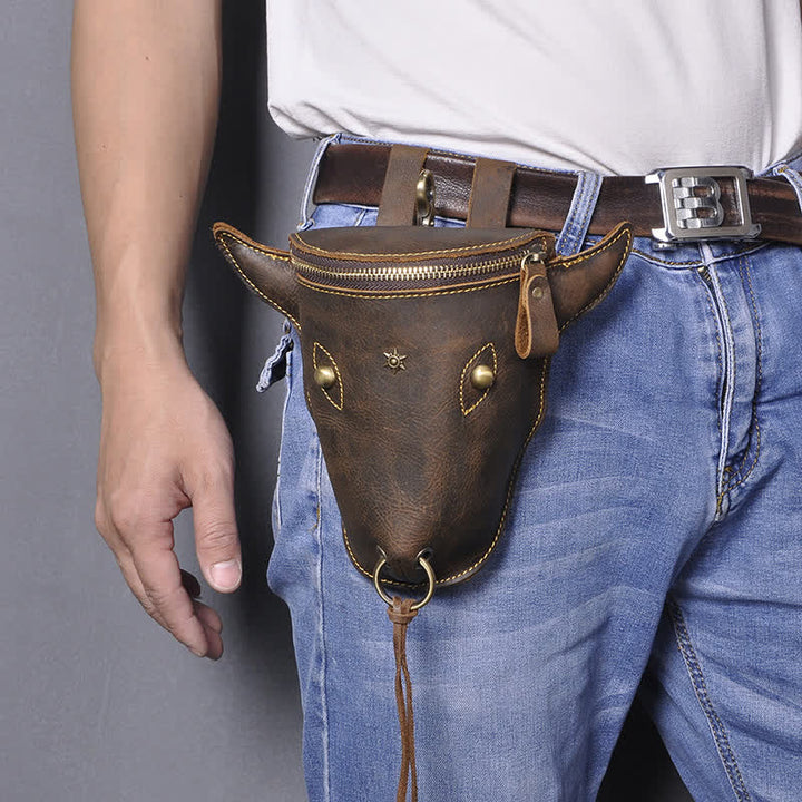 Sac ceinture en cuir véritable Crazy Horse avec tête de vache
