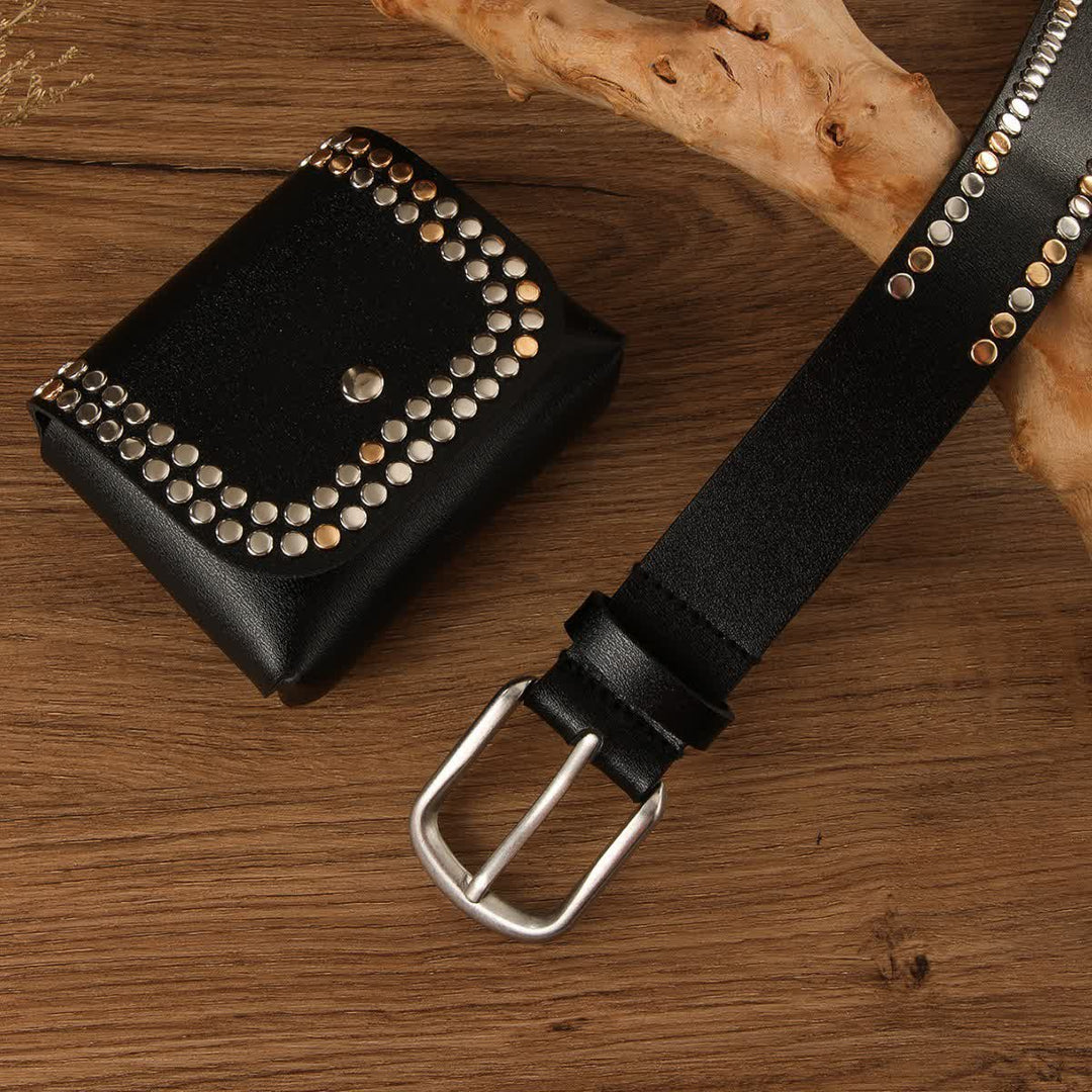 Lot de 2 ceintures en cuir noir à rivets punk pour femme avec sac banane