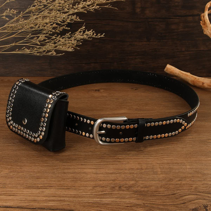 Lot de 2 ceintures en cuir noir à rivets punk pour femme avec sac banane