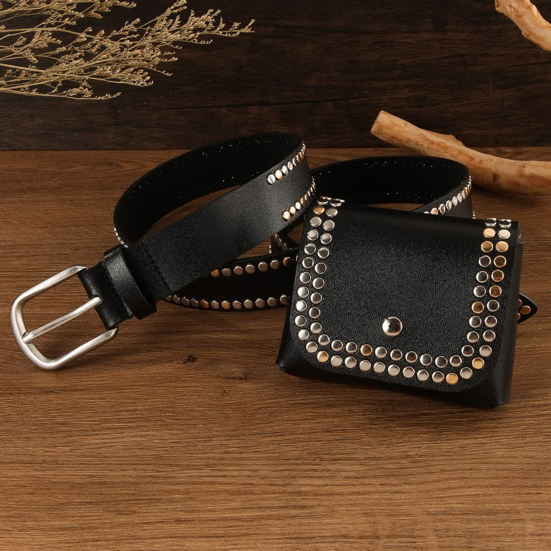 Lot de 2 ceintures en cuir noir à rivets punk pour femme avec sac banane