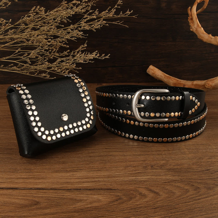 Lot de 2 ceintures en cuir noir à rivets punk pour femme avec sac banane
