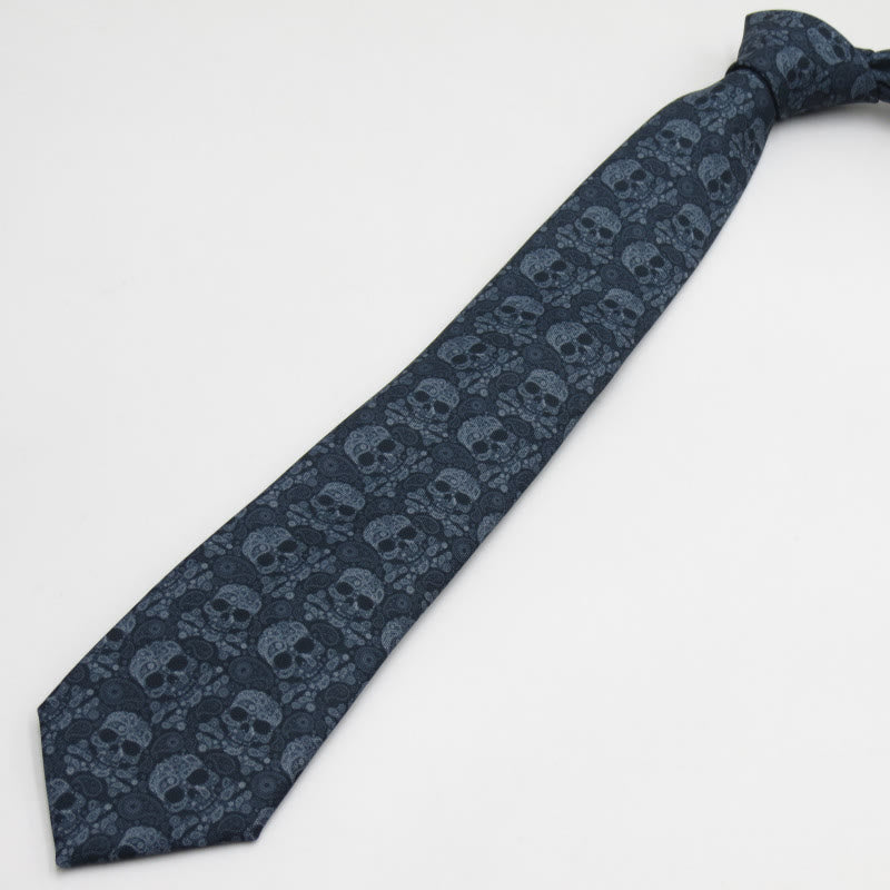 Cravate grise à motif floral et tête de mort pour homme