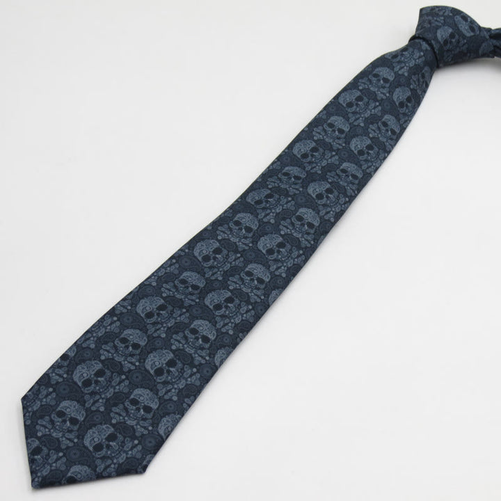 Cravate grise à motif floral et tête de mort pour homme