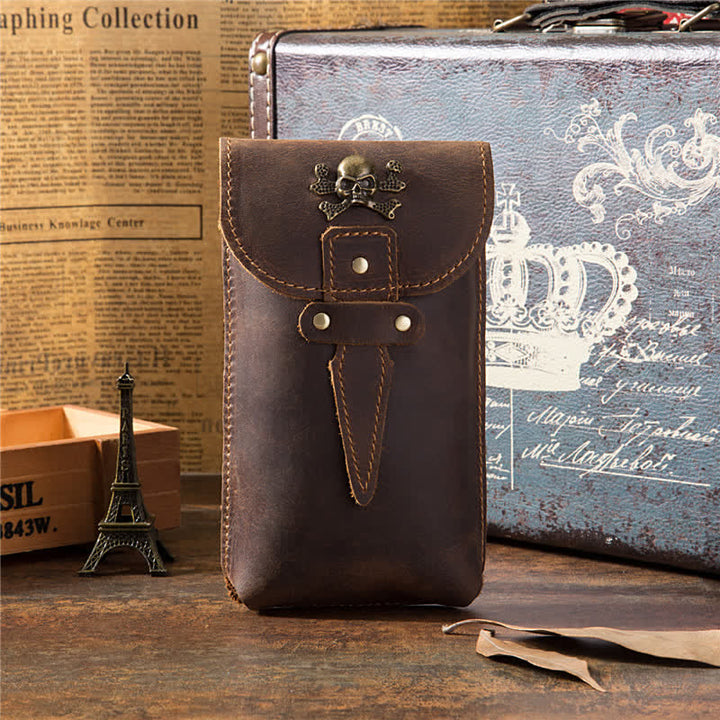 Sac ceinture vertical en cuir pour téléphone portable avec motif tête de mort et cheval fou