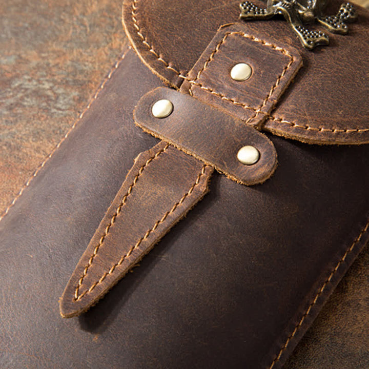 Sac ceinture vertical en cuir pour téléphone portable avec motif tête de mort et cheval fou
