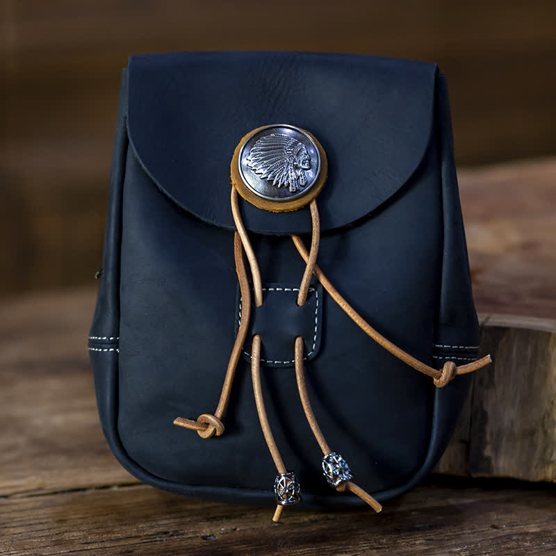 Petit portefeuille de style indien avec cordon de serrage et sac ceinture en cuir Crazy Horse