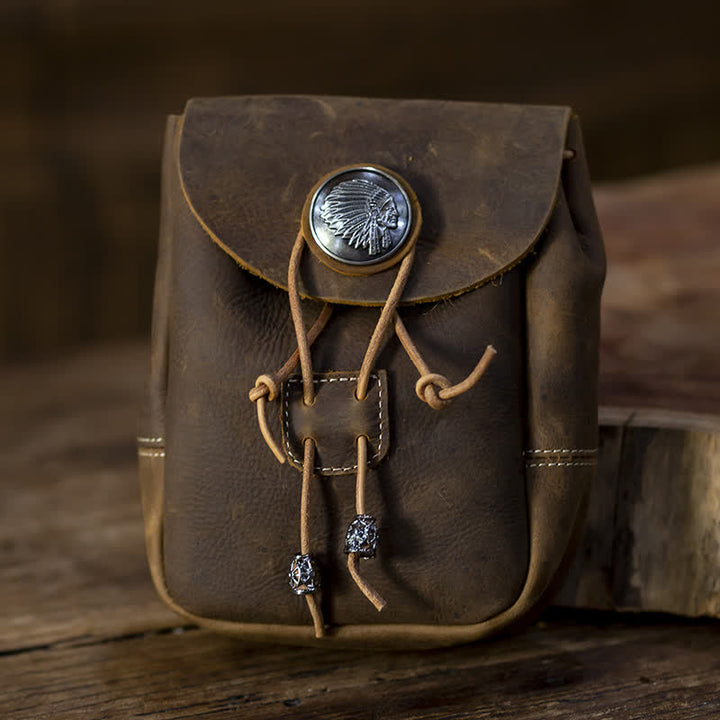 Petit portefeuille de style indien avec cordon de serrage et sac ceinture en cuir Crazy Horse