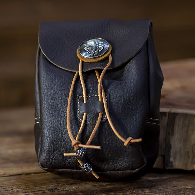 Petit portefeuille de style indien avec cordon de serrage et sac ceinture en cuir Crazy Horse