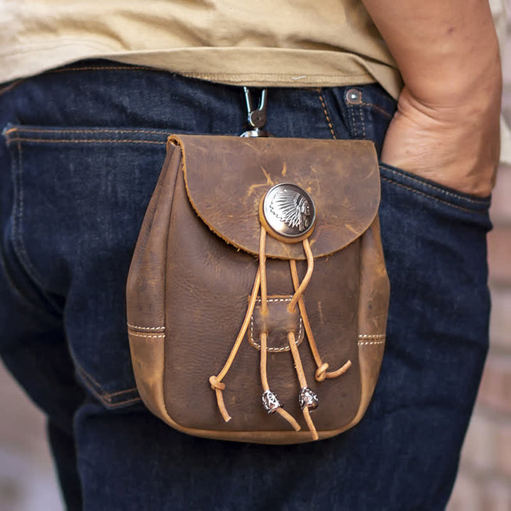 Petit portefeuille de style indien avec cordon de serrage et sac ceinture en cuir Crazy Horse