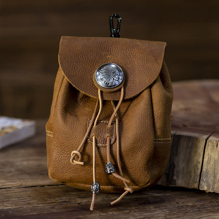 Petit portefeuille de style indien avec cordon de serrage et sac ceinture en cuir Crazy Horse