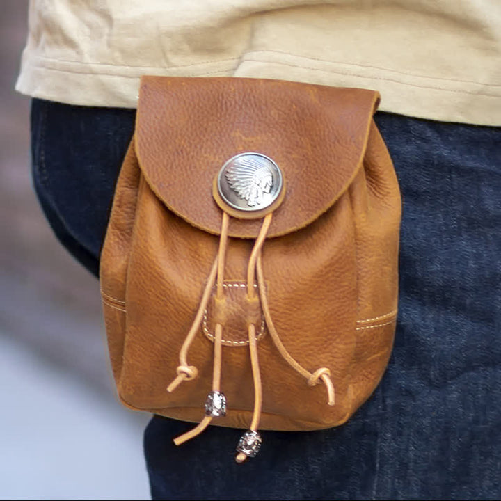 Petit portefeuille de style indien avec cordon de serrage et sac ceinture en cuir Crazy Horse
