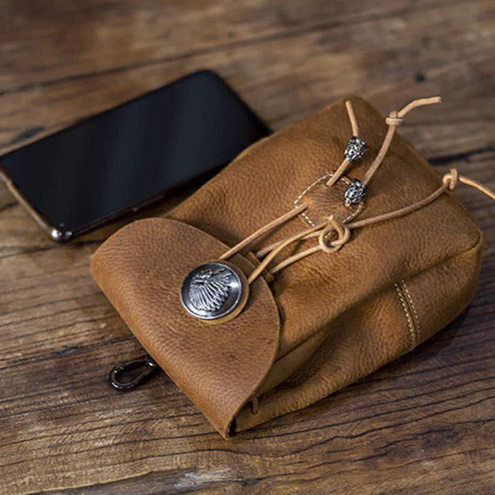 Petit portefeuille de style indien avec cordon de serrage et sac ceinture en cuir Crazy Horse