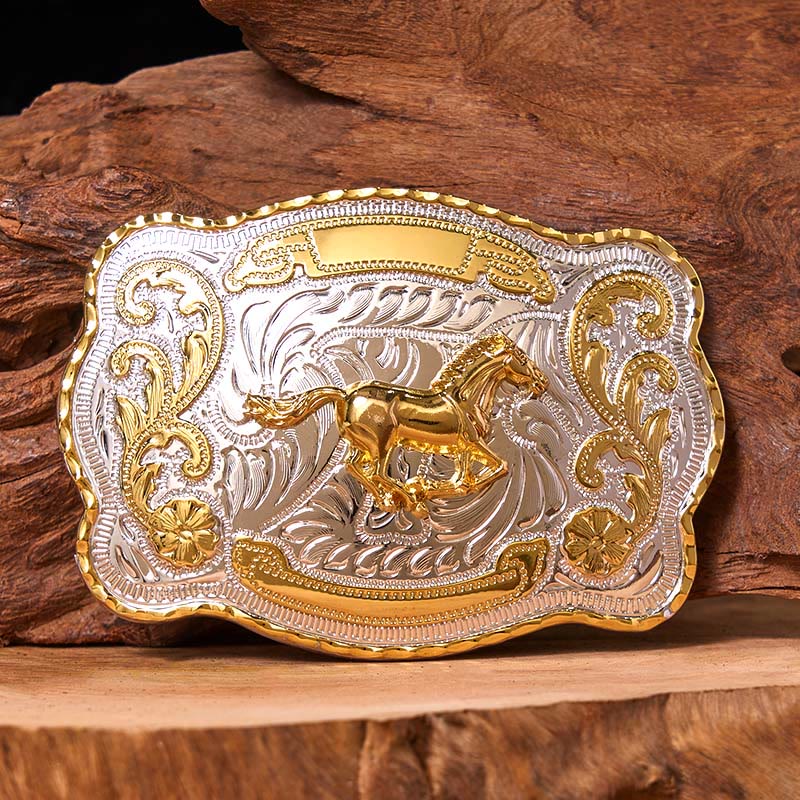 Ceinture en cuir à boucle de cowboy western à faire soi-même avec cheval au galop doré - Cheval au galop - Sans ceinture - Ceinture non incluse - image 1
