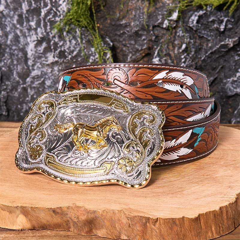 Ceinture en cuir à boucle de cowboy western à faire soi-même avec cheval au galop doré - Cheval au galop - Ceinture à plumes marron - 40 - image 11