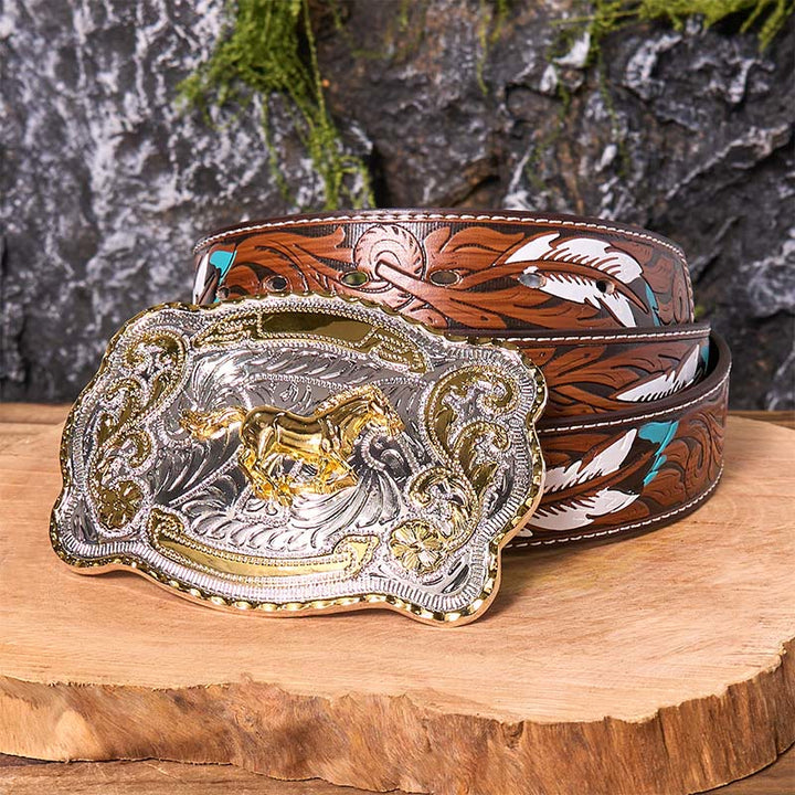 Ceinture en cuir à boucle de cowboy western à faire soi-même avec cheval au galop doré - Cheval au galop - Ceinture à plumes marron - 40 - image 11
