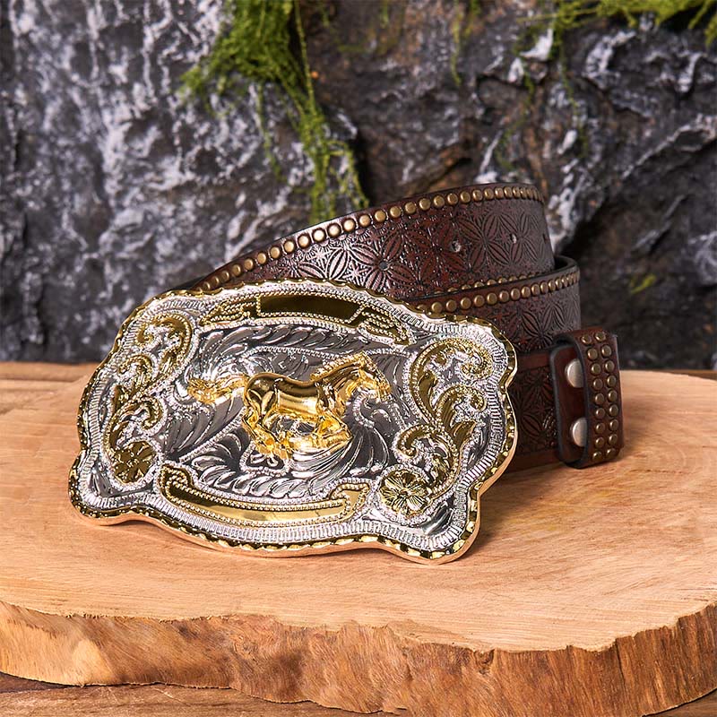 Ceinture en cuir à boucle de cowboy western à faire soi-même avec cheval au galop doré - Cheval au galop - Ceinture à rivets marron - 42 - image 8