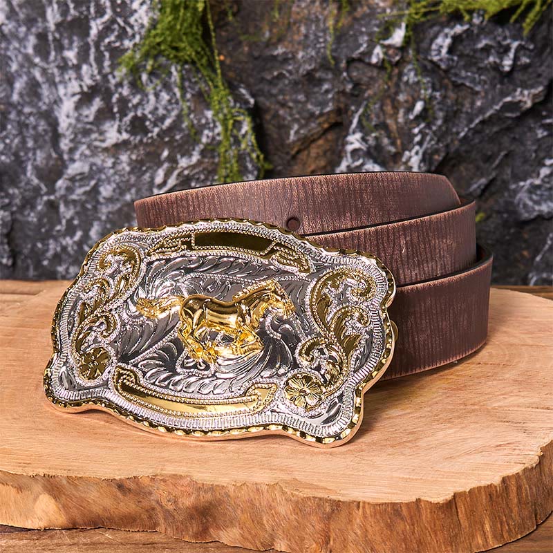 Ceinture en cuir à boucle de cowboy western à faire soi-même avec cheval au galop doré - Cheval au galop - Ceinture marron vieillie - 42 - image 9