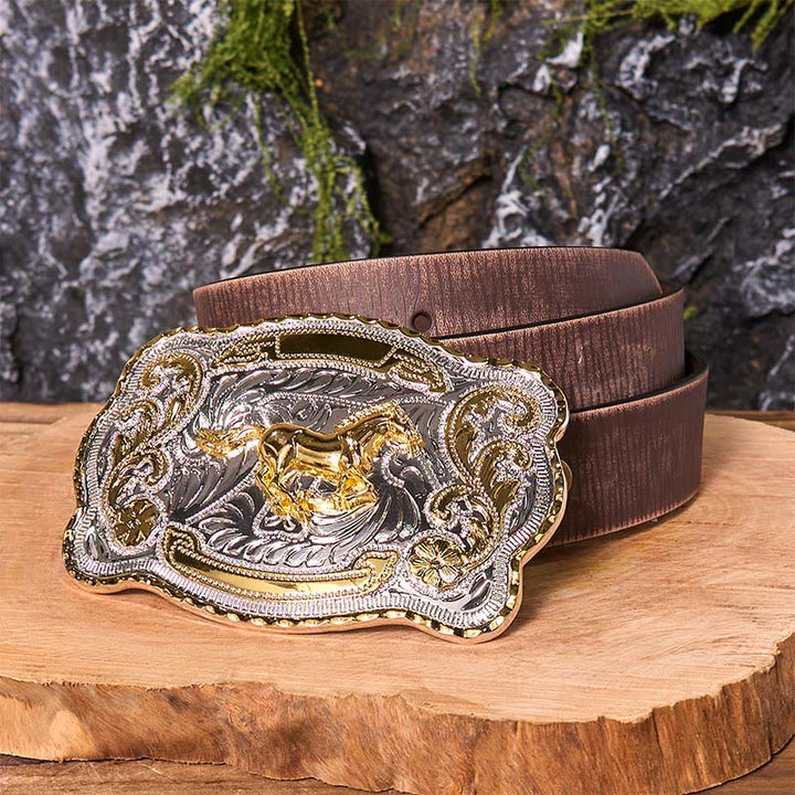 Ceinture en cuir à boucle de cowboy western à faire soi-même avec cheval au galop doré - Cheval au galop - Ceinture marron vieillie - 42 - image 9
