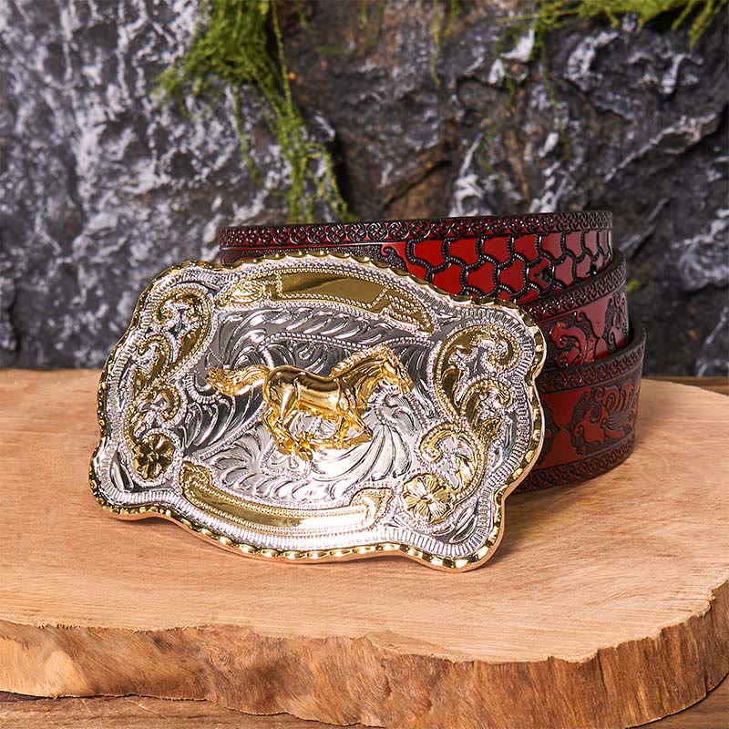 Ceinture en cuir à boucle de cowboy western à faire soi-même avec cheval au galop doré - Cheval au galop - Ceinture marron sculptée - 42 - image 10