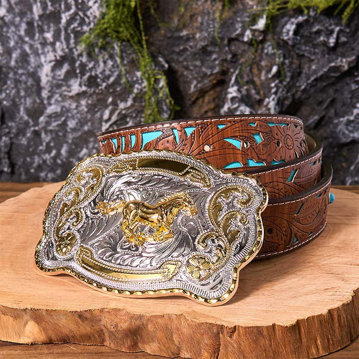 Ceinture en cuir à boucle de cowboy western à faire soi-même avec cheval au galop doré - Cheval au galop - Ceinture sculptée en turquoise - 42 - image 7