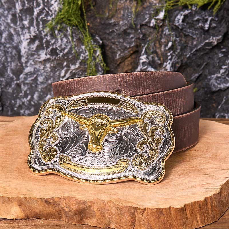 Ceinture en cuir à boucle de cowboy western DIY avec tête de taureau dorée - Tête de taureau en or - Ceinture marron vieillie - 42 - image 9