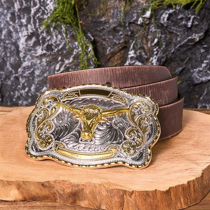 Ceinture en cuir à boucle de cowboy western DIY avec tête de taureau dorée - Tête de taureau en or - Ceinture marron vieillie - 42 - image 9