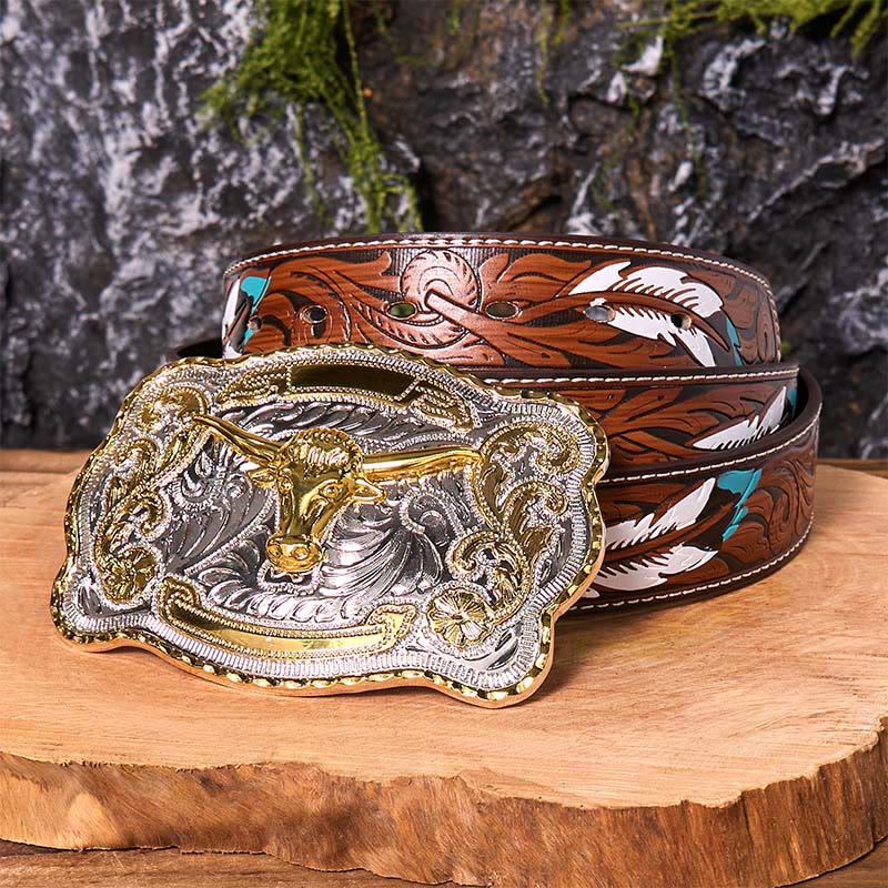 Ceinture en cuir à boucle de cowboy western DIY avec tête de taureau dorée - Tête de taureau en or - Ceinture à plumes marron - 40 - image 11